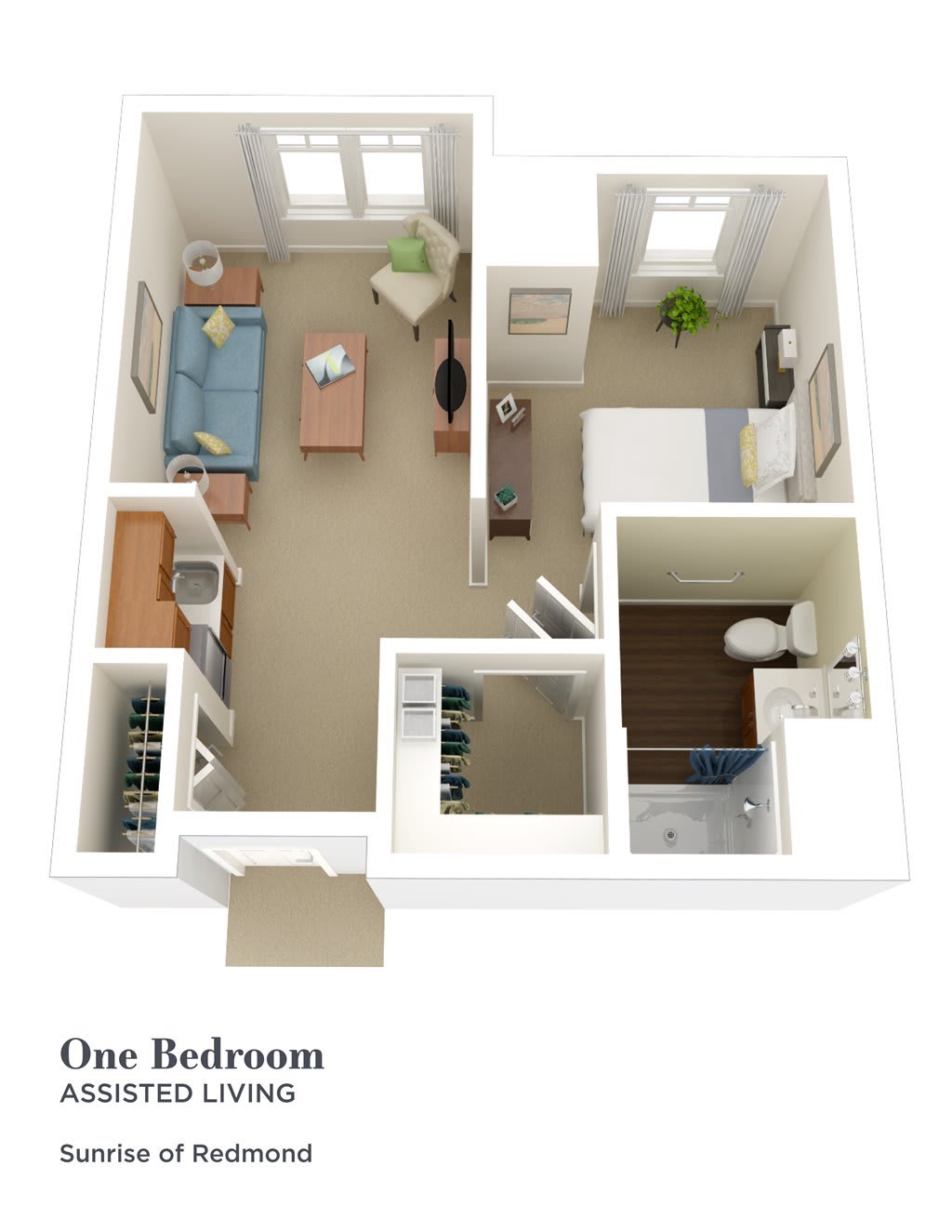 3D floor plan of a one-bedroom apartment layout.