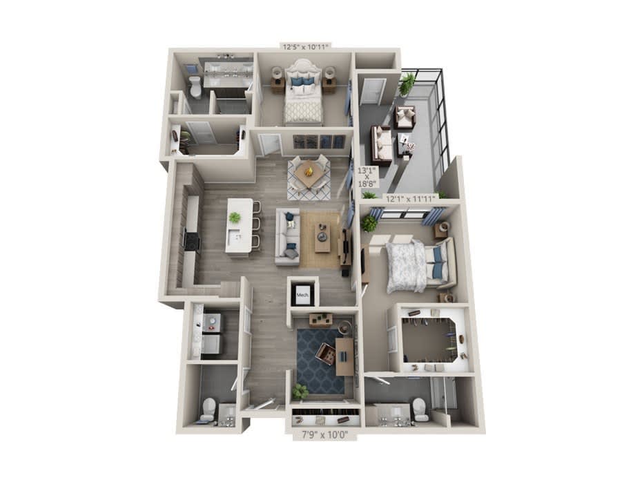 3D rendered floor plan of an apartment featuring multiple rooms and modern interior design.