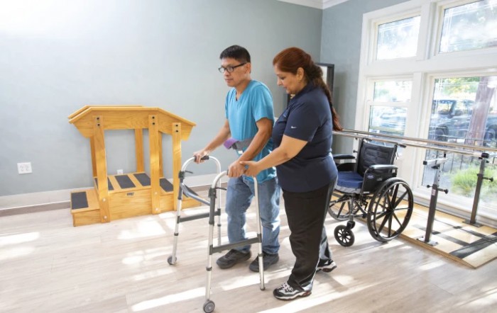 A therapist assists a patient using a walker for rehabilitation exercises.