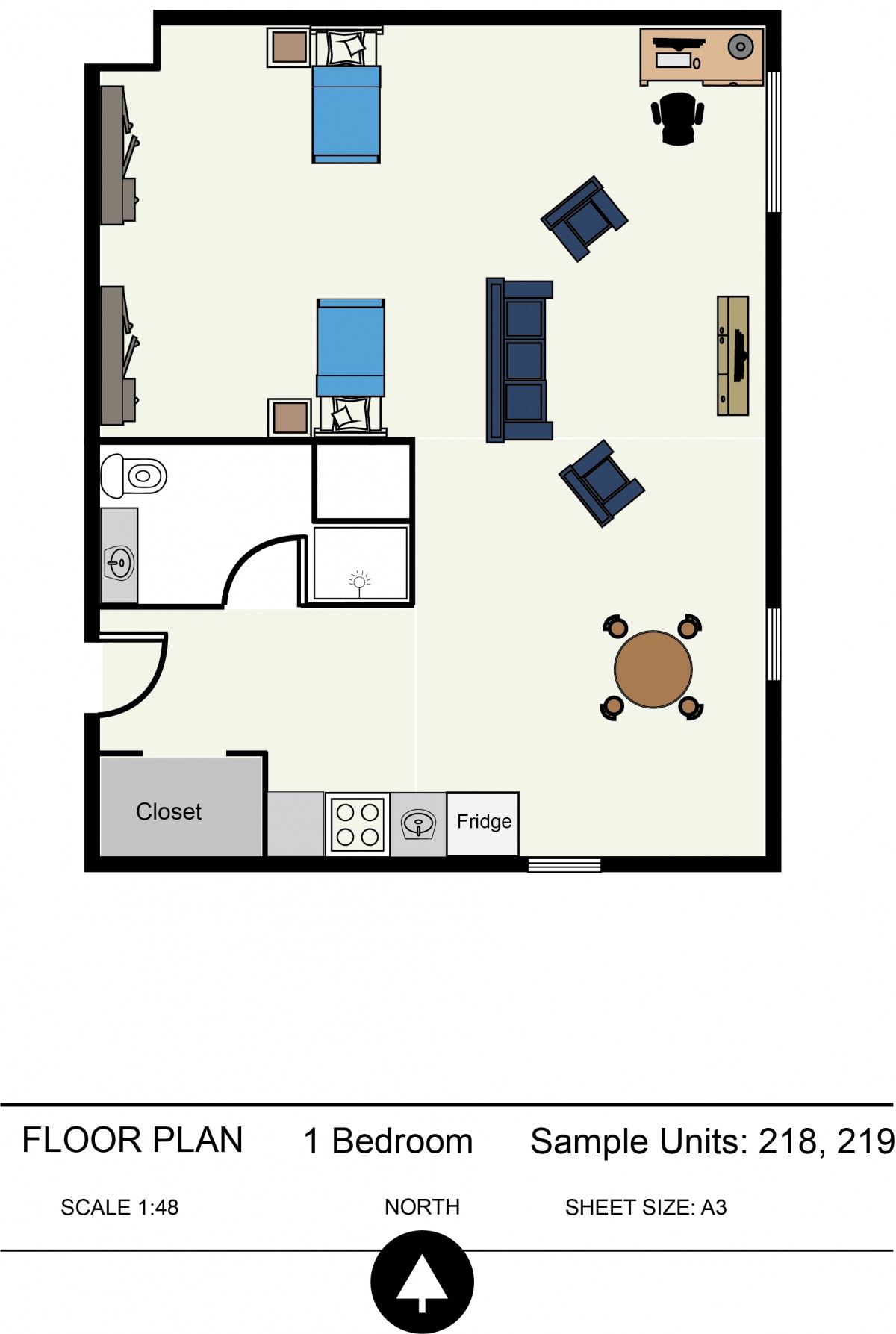 A simple floor plan showing the layout of a living space, including a kitchen, bathroom, and living area with furniture.
