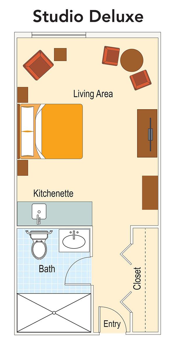 A simple floor plan of a studio apartment with a living area, kitchenette, and bathroom.