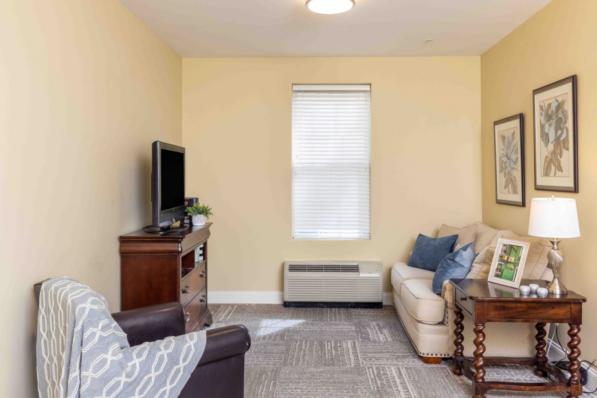 A cozy living room with a sofa, armchair, and television.