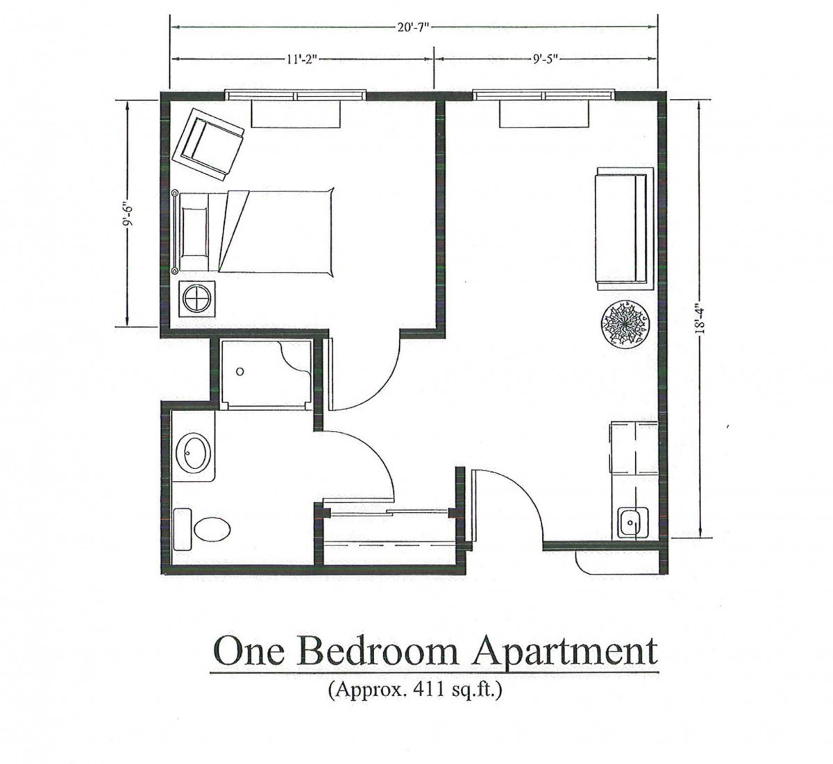 Floor plan of a one-bedroom apartment with an approximate area of 411 sq. ft.