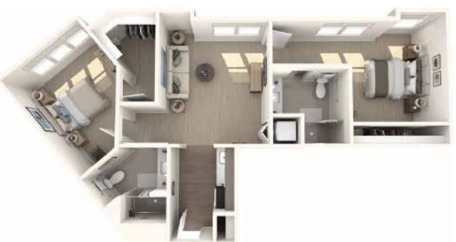 A 3D-rendered floor plan of a modern apartment layout.