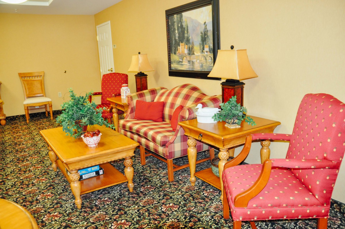 A cozy living room with a plaid sofa, side tables, lamps, and decorative plants.