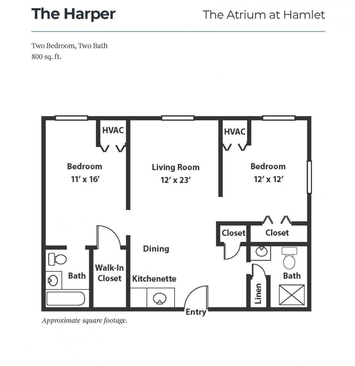 Floor plan of The Harper apartment with two bedrooms, a living room, kitchen, and bathrooms.