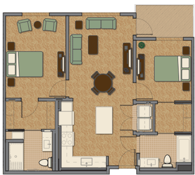 A detailed floor plan of an apartment showing the layout of bedrooms, living rooms, bathrooms, and a kitchen.
