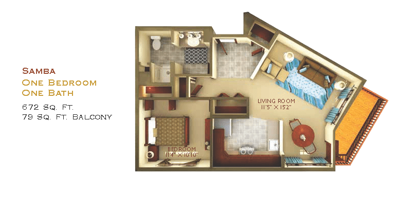 A detailed floor plan of a two-bedroom apartment with labeled rooms and furniture arrangement.