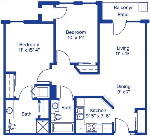 Blueprint of a two-bedroom apartment with living room, kitchen, dining area, two bathrooms, and a balcony.