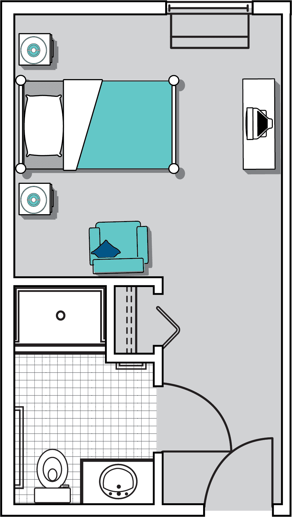 A floor plan layout featuring a bedroom and bathroom with furniture placement.