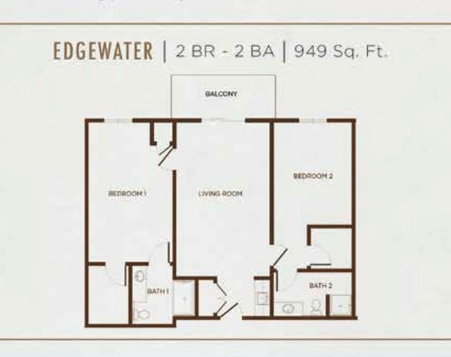 Edgewater apartment floor plan featuring 2 bedrooms, 2 bathrooms, a living room, kitchen, and balcony in 949 square feet.
