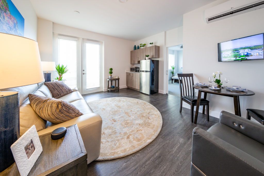 A modern apartment living space featuring a cozy sofa, stylish round rug, and compact kitchen area.