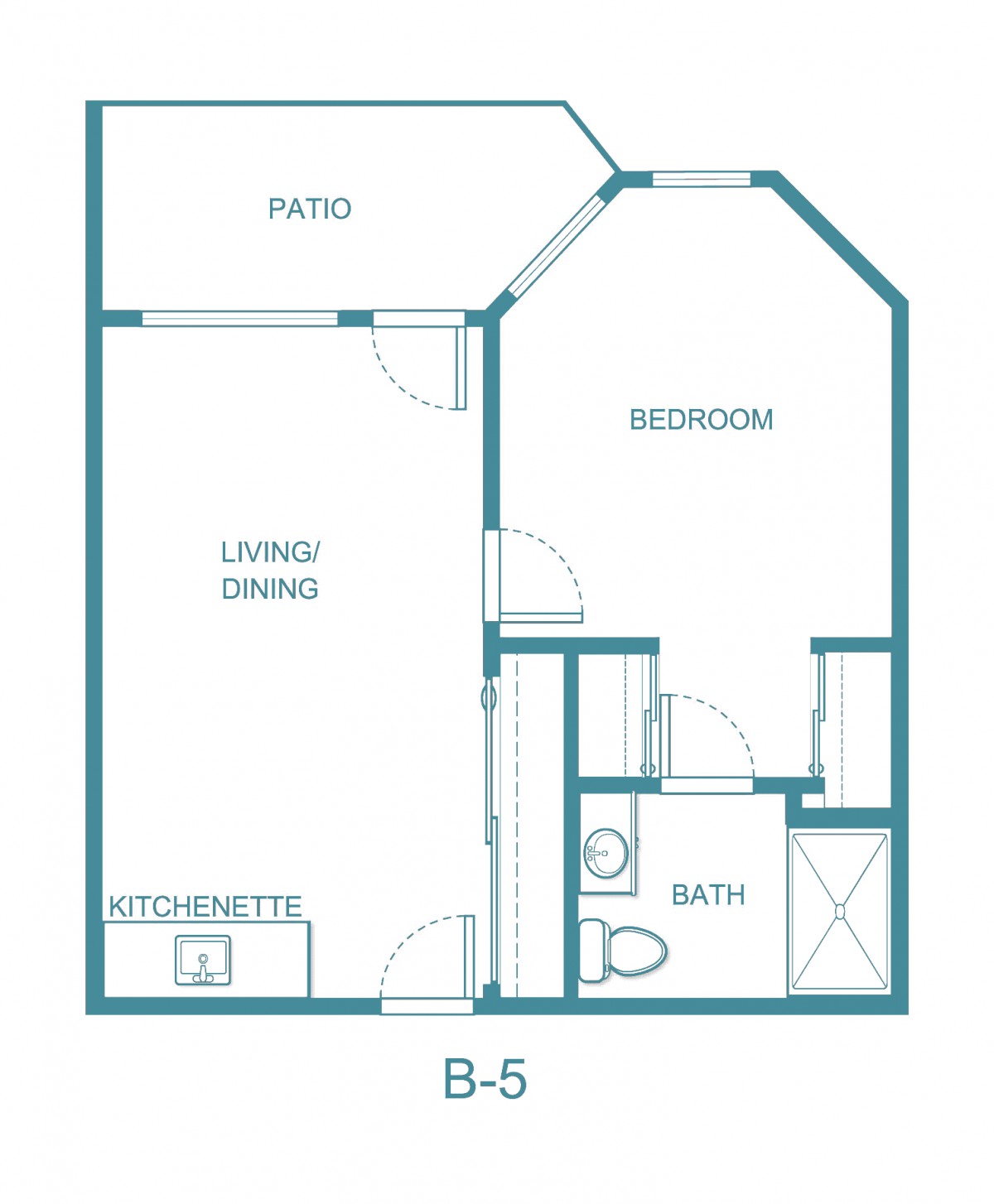 Floor plan of a one-bedroom apartment layout labeled B-5, featuring a patio, living area, kitchen, bedroom, and bathroom.