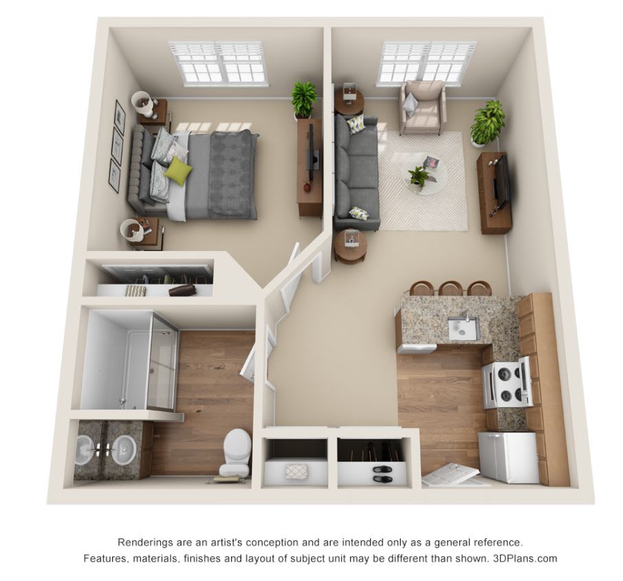 This is a 3D floor plan of a one-bedroom apartment featuring a living room, kitchen, and bathroom.