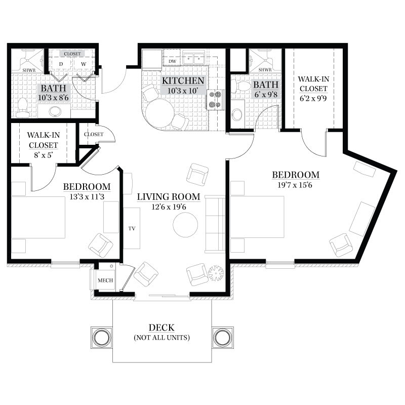 A detailed floor plan of a two-bedroom apartment, including living room, kitchen, and deck.