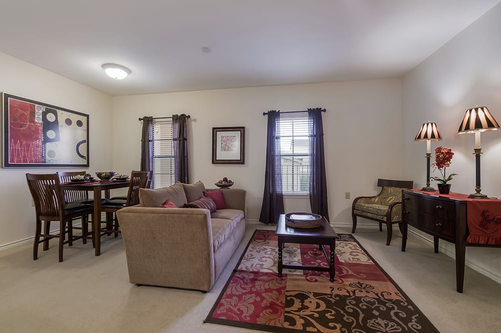 A cozy living room with a sofa, coffee table, and decorative rug.