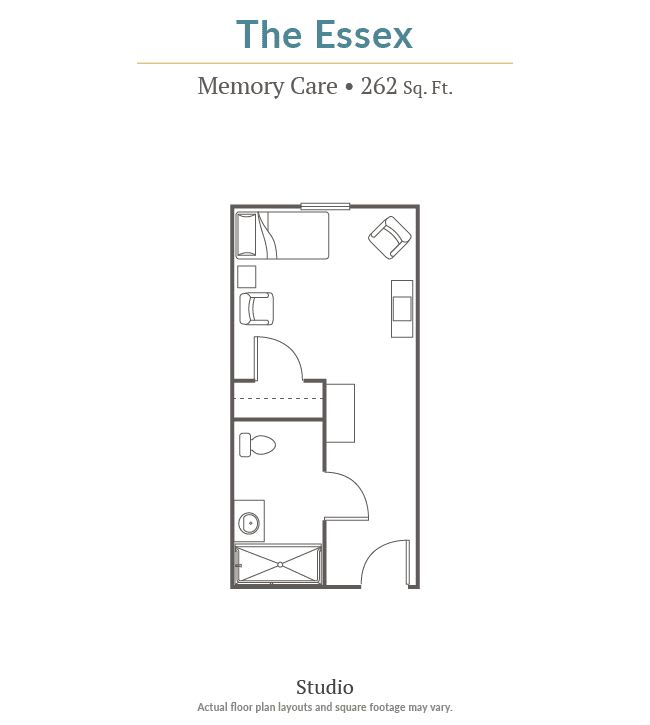 The Essex Memory Care floor plan depicting a room layout of 285 square feet.