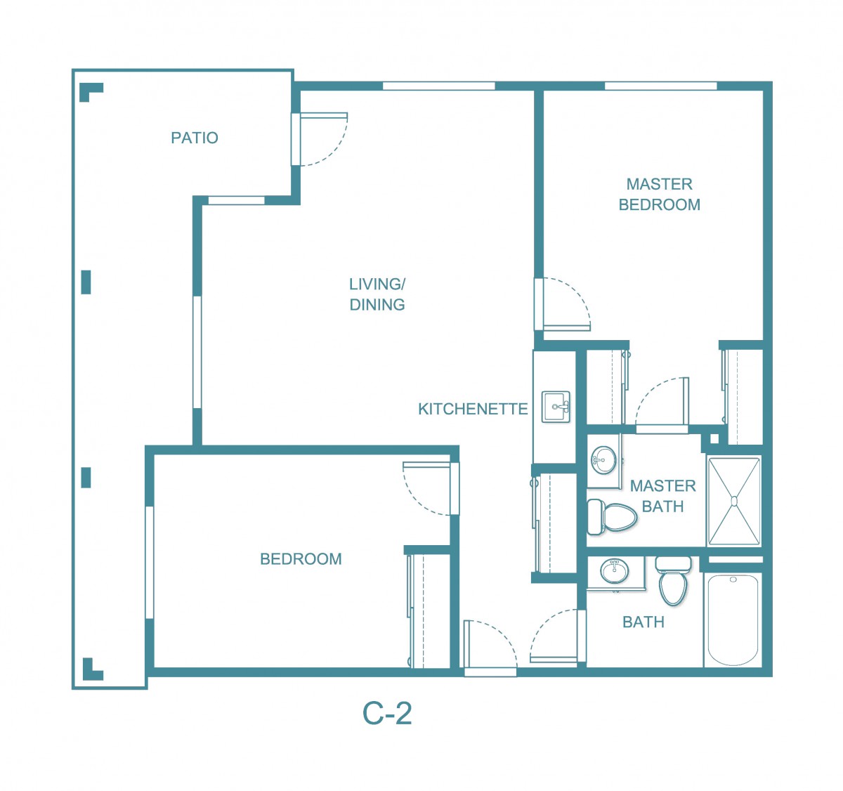 This image shows a floor plan of an apartment with labeled rooms including a bedroom, living/dining area, and two bathrooms.