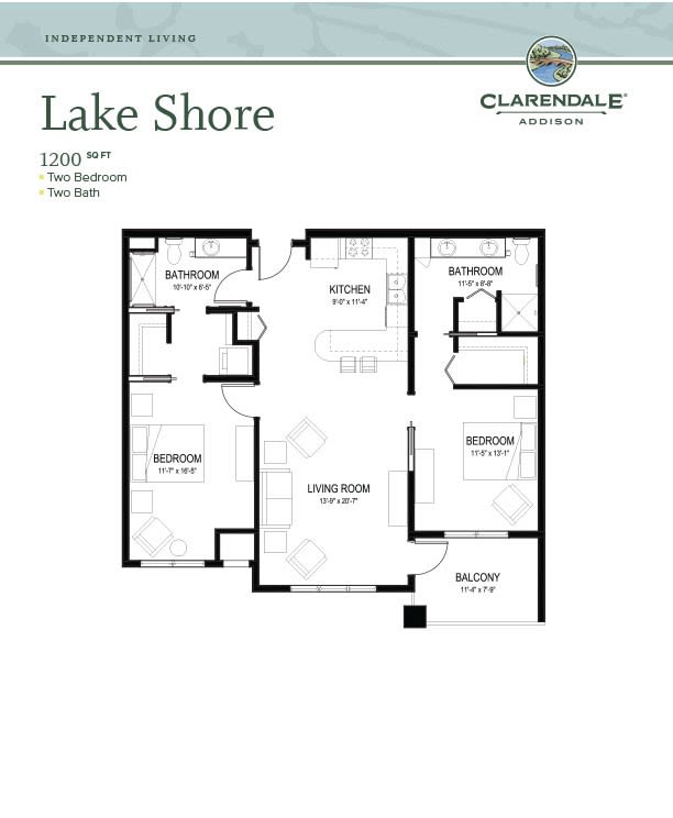 A detailed floor plan of an apartment labeled 'Lake Shore' with three bedrooms and two baths.