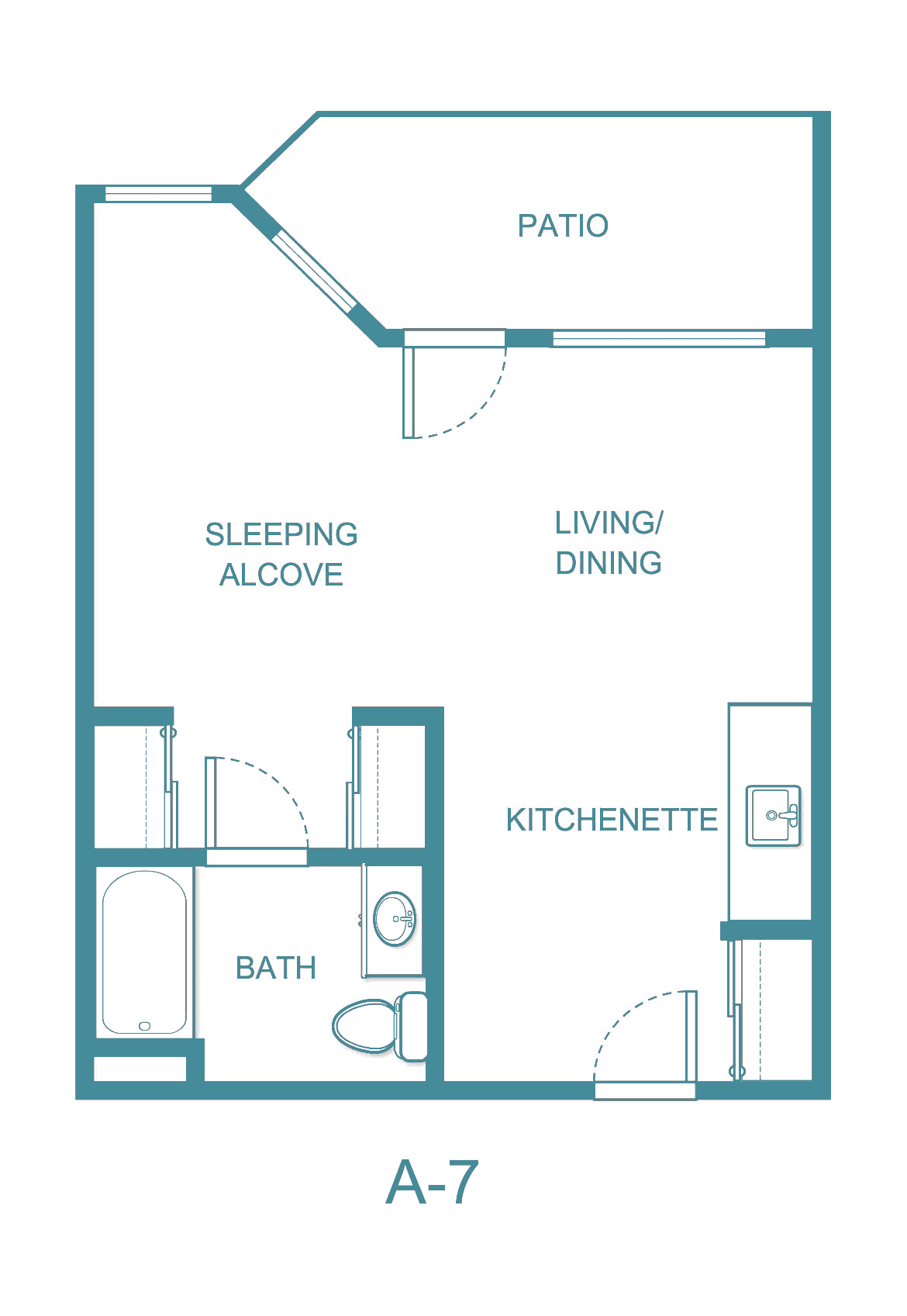 Studio apartment floor plan with a sleeping alcove, kitchenette, living area, bath, and patio.