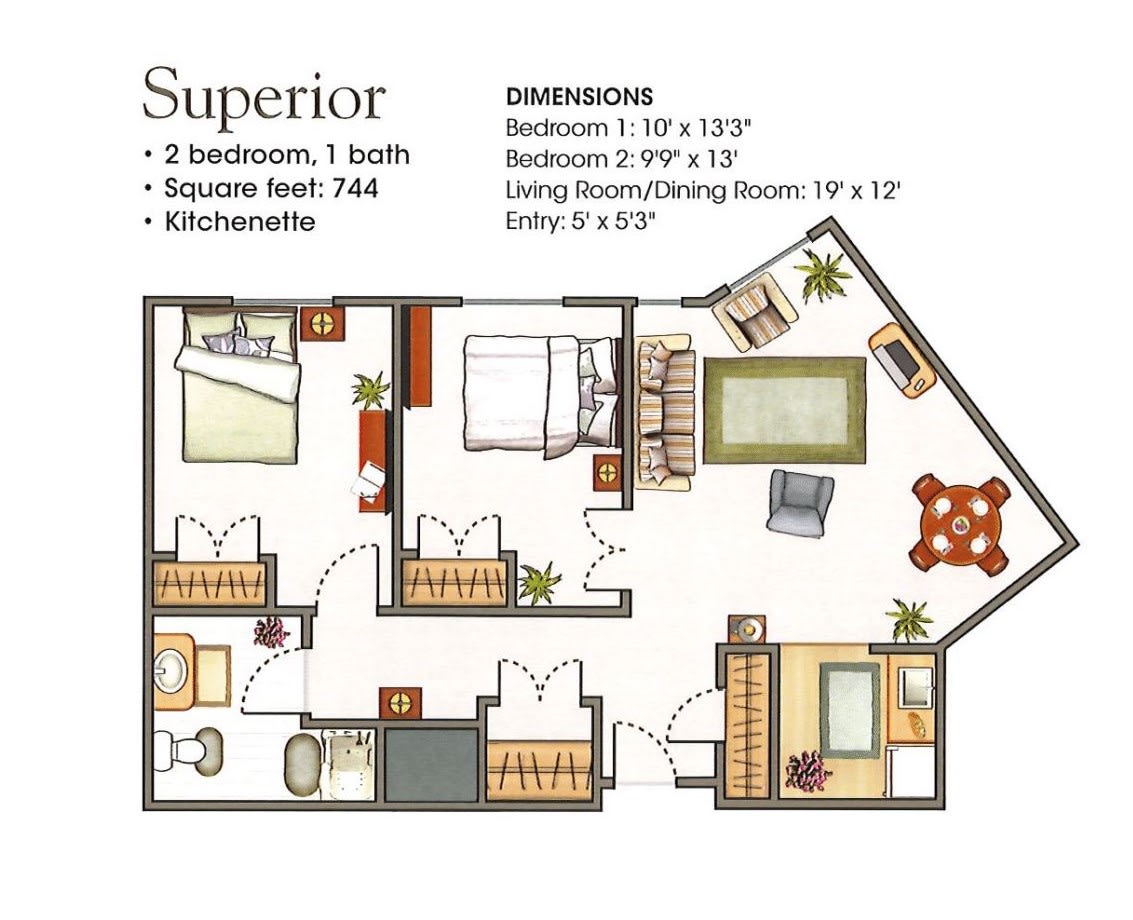 Superior apartment floor plan featuring 2 bedrooms, 1 bathroom, and a kitchenette.