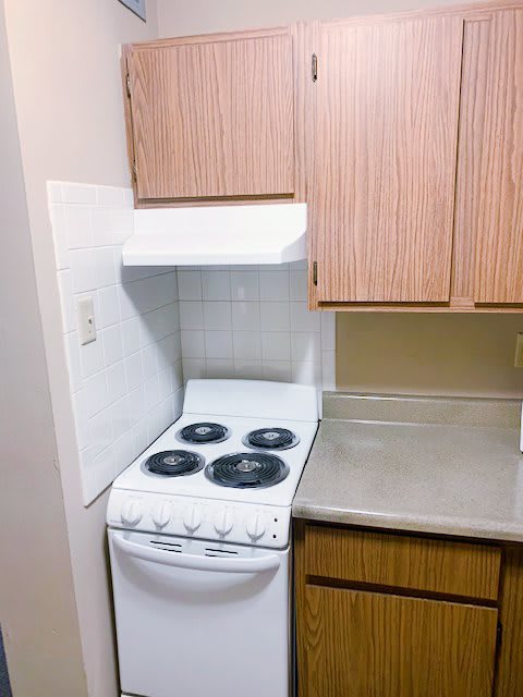 A compact kitchen area featuring a stove and oven next to a countertop and wooden cabinets.