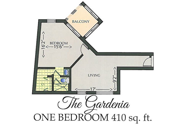 Floor plan of The Gardenia, a one-bedroom apartment with 410 square feet.