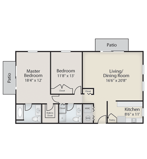 A detailed floor plan of a two-bedroom apartment featuring a living/dining area, kitchen, two bathrooms, and a patio.