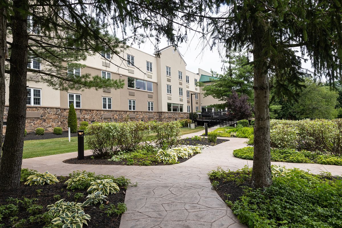 A well-landscaped pathway leads to a modern building surrounded by trees and shrubs.