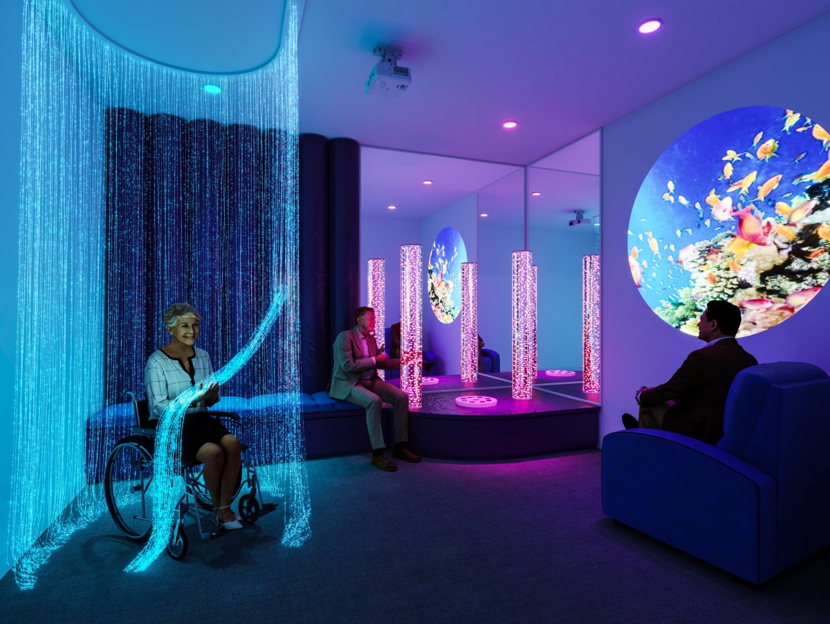 A calming sensory room featuring LED lights and interactive elements for relaxation and therapy.