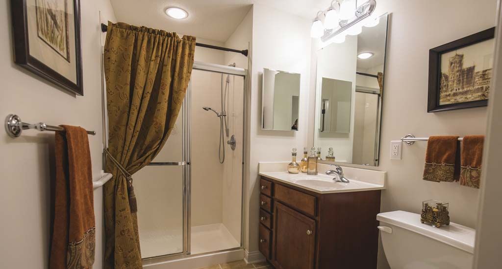 A bathroom featuring a shower with a curtain, sink with a countertop and mirror, and overhead lighting.