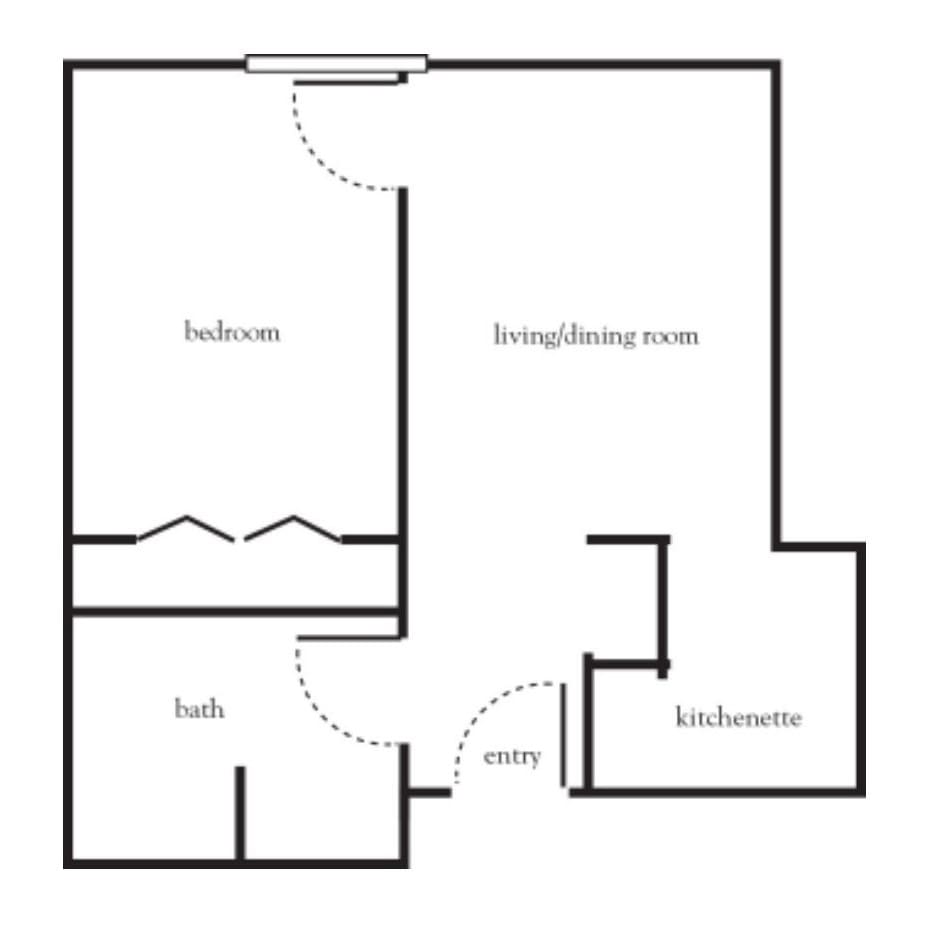 A simple floor plan of a one-bedroom apartment, featuring a living room, kitchen area, bath, and entryway.