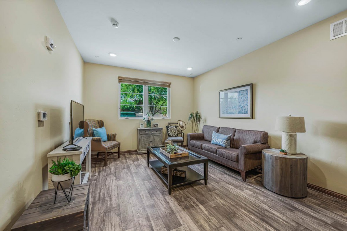 A cozy and well-decorated living room with a brown sofa, wooden coffee table, and television.