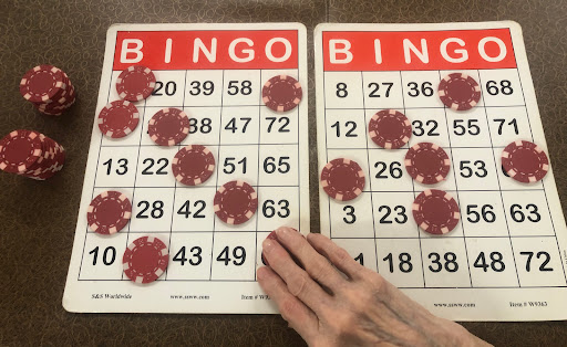 A close-up view of two Bingo cards with several marked numbers, showcasing an ongoing game.