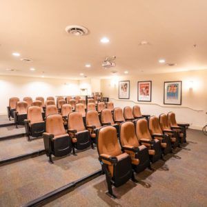 A cozy, well-lit theater room with tiered seating and classic decor.