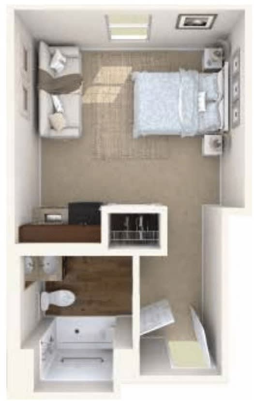 A compact floor plan featuring a bedroom with a bed, chair, and storage units.