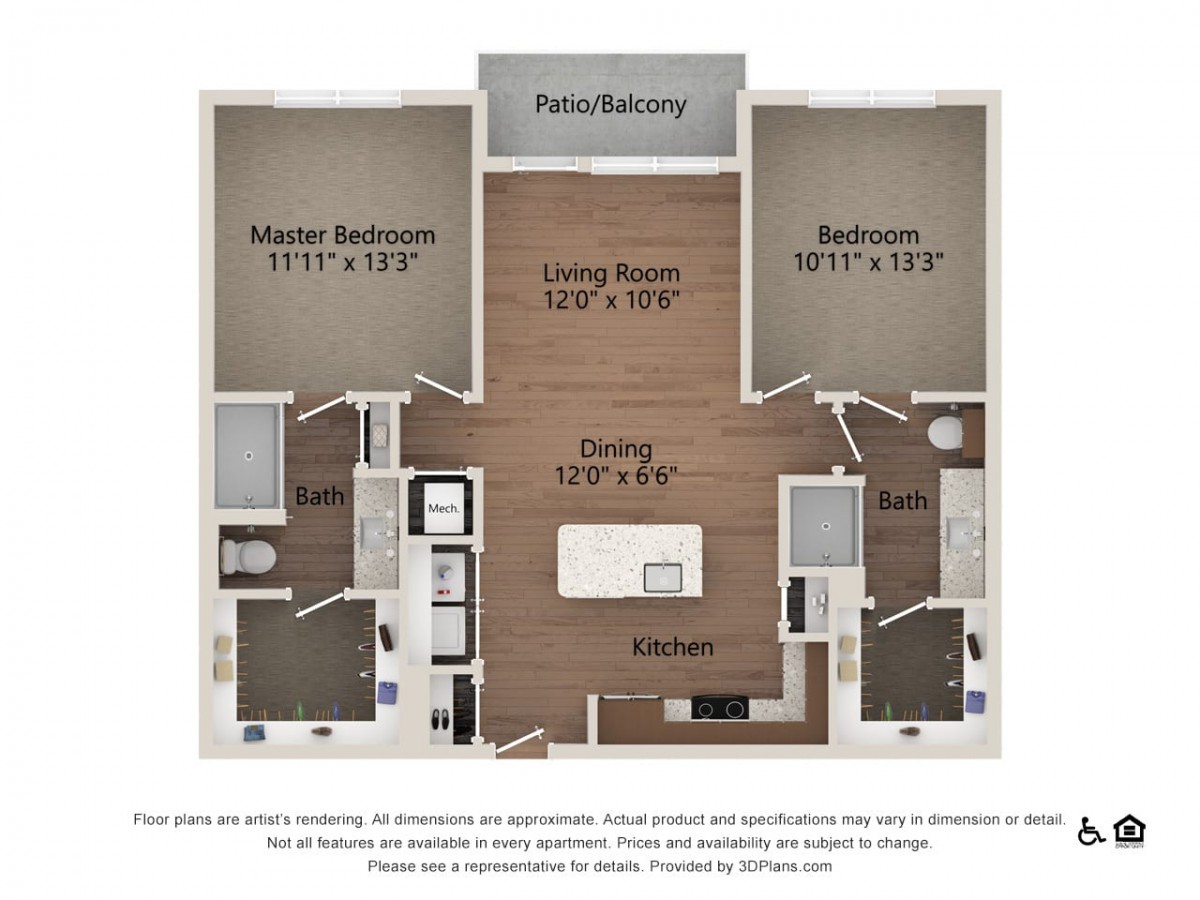 A two-bedroom apartment floor plan with a living room, kitchen, and balcony.