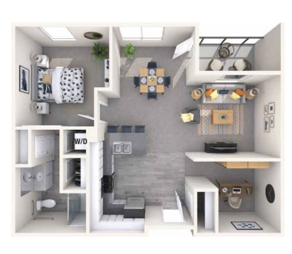 A modern one-bedroom apartment floor plan showcasing an open living area, kitchen, and bathroom.