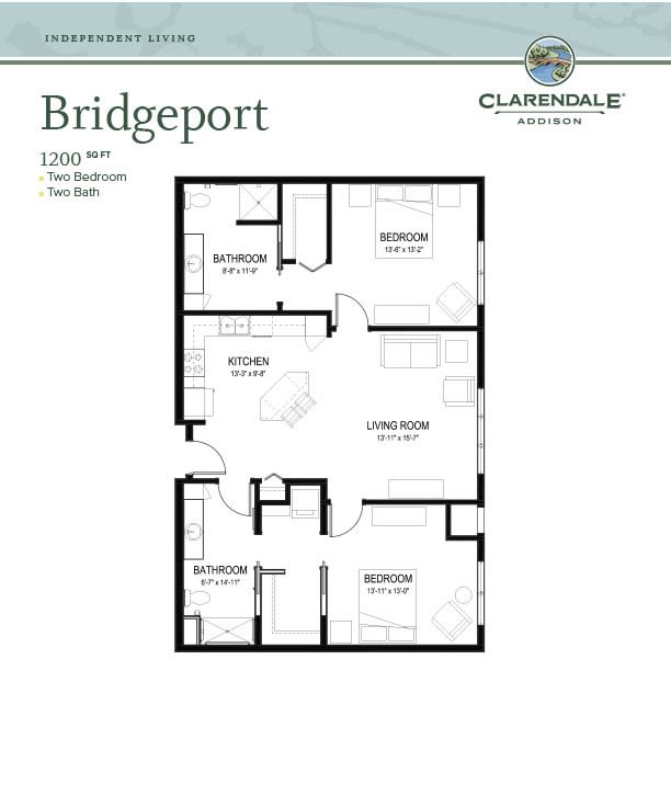 Floor plan of a two-bedroom apartment named Bridgeport.