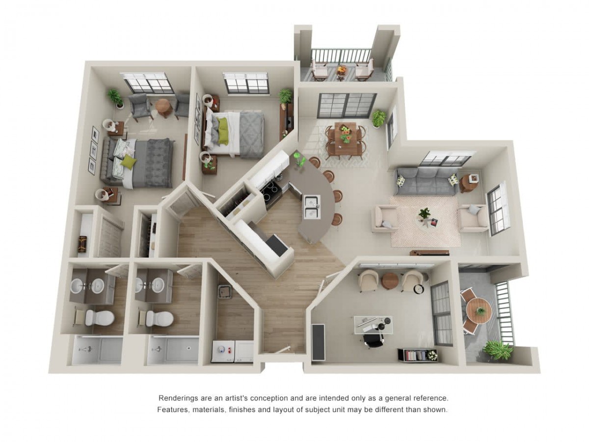 A 3D rendered floor plan of a modern apartment featuring multiple rooms, including two bedrooms, two bathrooms, a kitchen, and a living area.