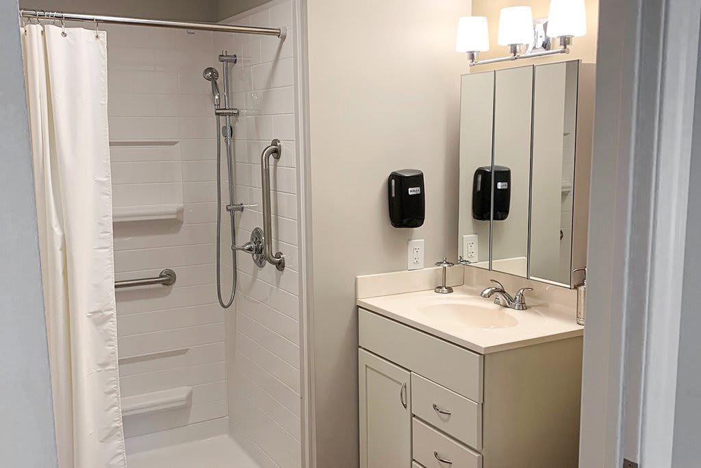 A modern and minimalist bathroom featuring a walk-in shower, sink with mirror, and bright lighting.