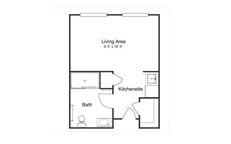 Floor plan of a studio apartment with designated living area, kitchenette, and bathroom.