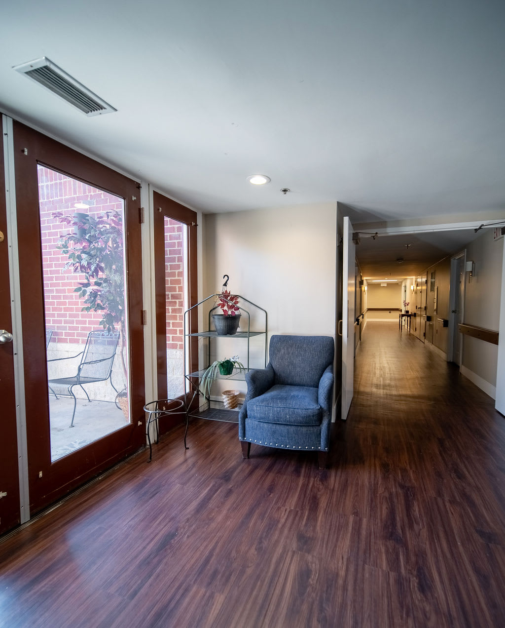 A cozy hallway with a blue armchair and indoor plants adjacent to large glass doors.