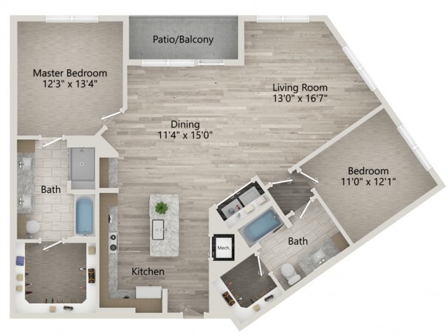 A floor plan of a two-bedroom apartment featuring a living room, dining area, kitchen, bathroom, and patio balcony.