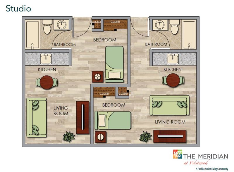 A floor plan of a two-bedroom apartment with living rooms and bathrooms.