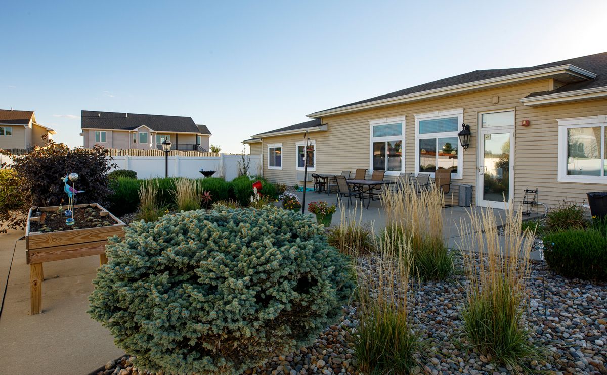A view of a backyard garden with a patio and various plants.
