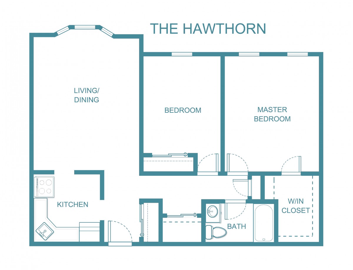 The floor plan of 'The Hawthorn' apartment, showing the layout with a living/dining area, kitchen, bedroom, master bedroom, and two bathrooms.