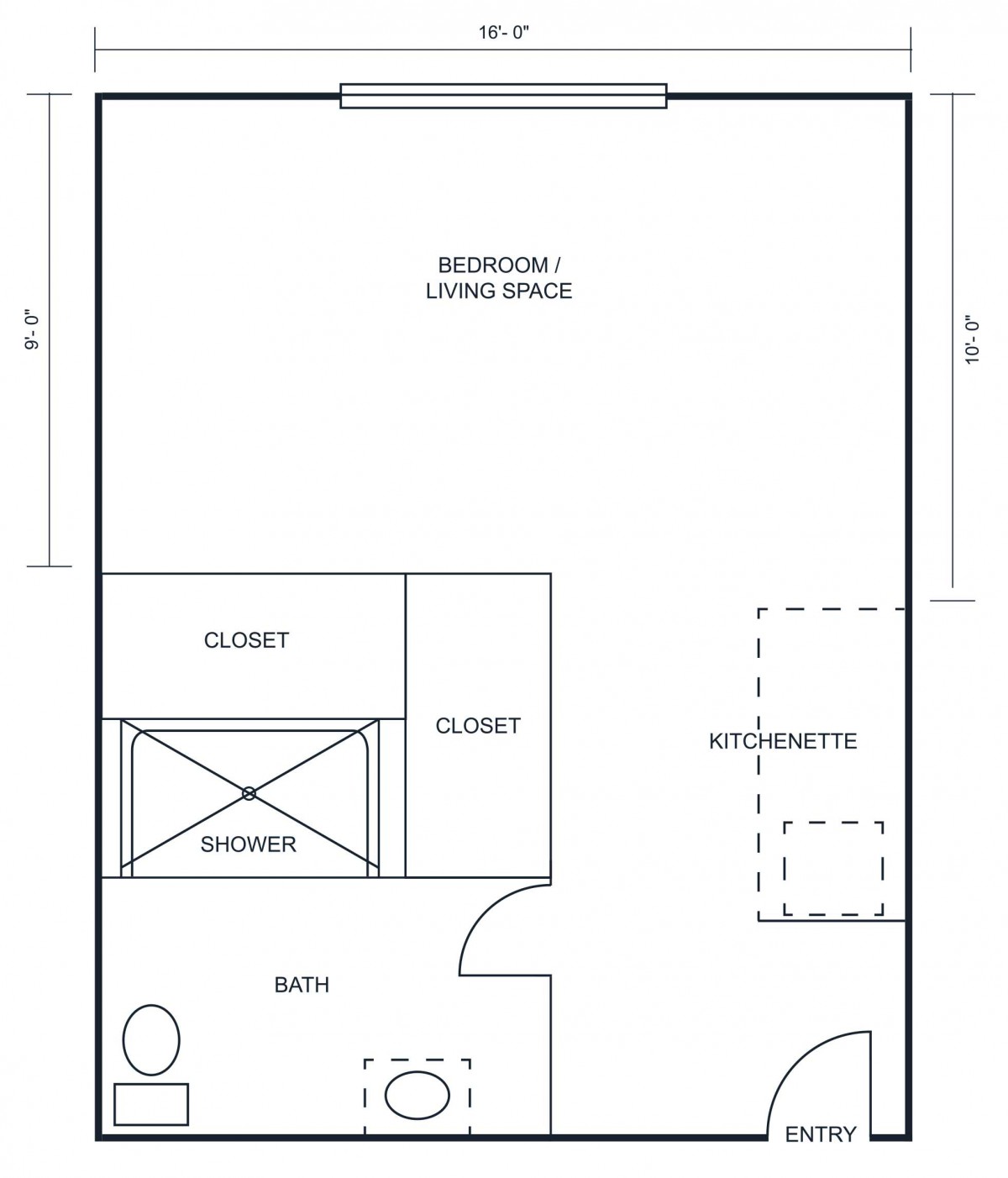 A floor plan of a studio apartment featuring a bed/living space, kitchenette, bathroom, and closet.