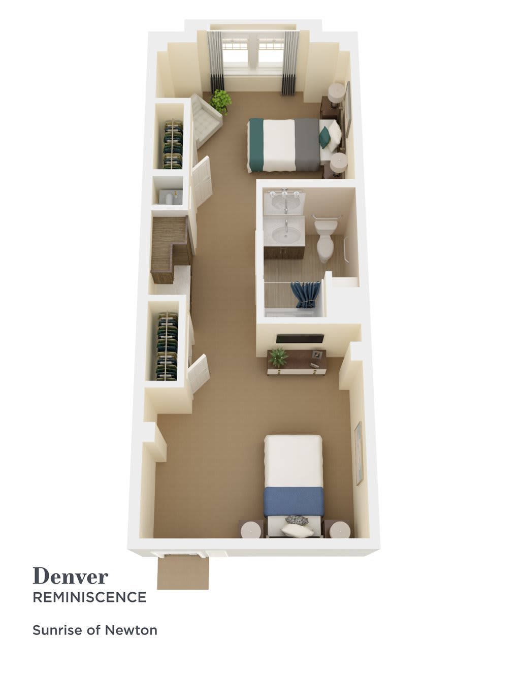 A 3D floor plan of a two-bedroom apartment.