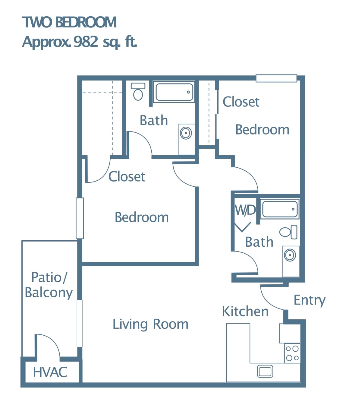 982 sq ft apartment floor plan with two bedrooms, two bathrooms, a kitchen, living room, patio/balcony, and closets.
